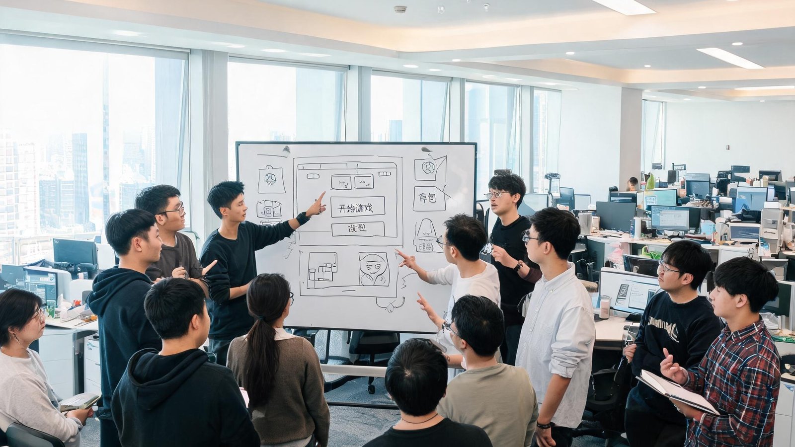 九游会J9团队办公环境：宽敞明亮的开放式办公室中，十几位程序员和设计师正在激烈讨论，白板上画着游戏界面草图