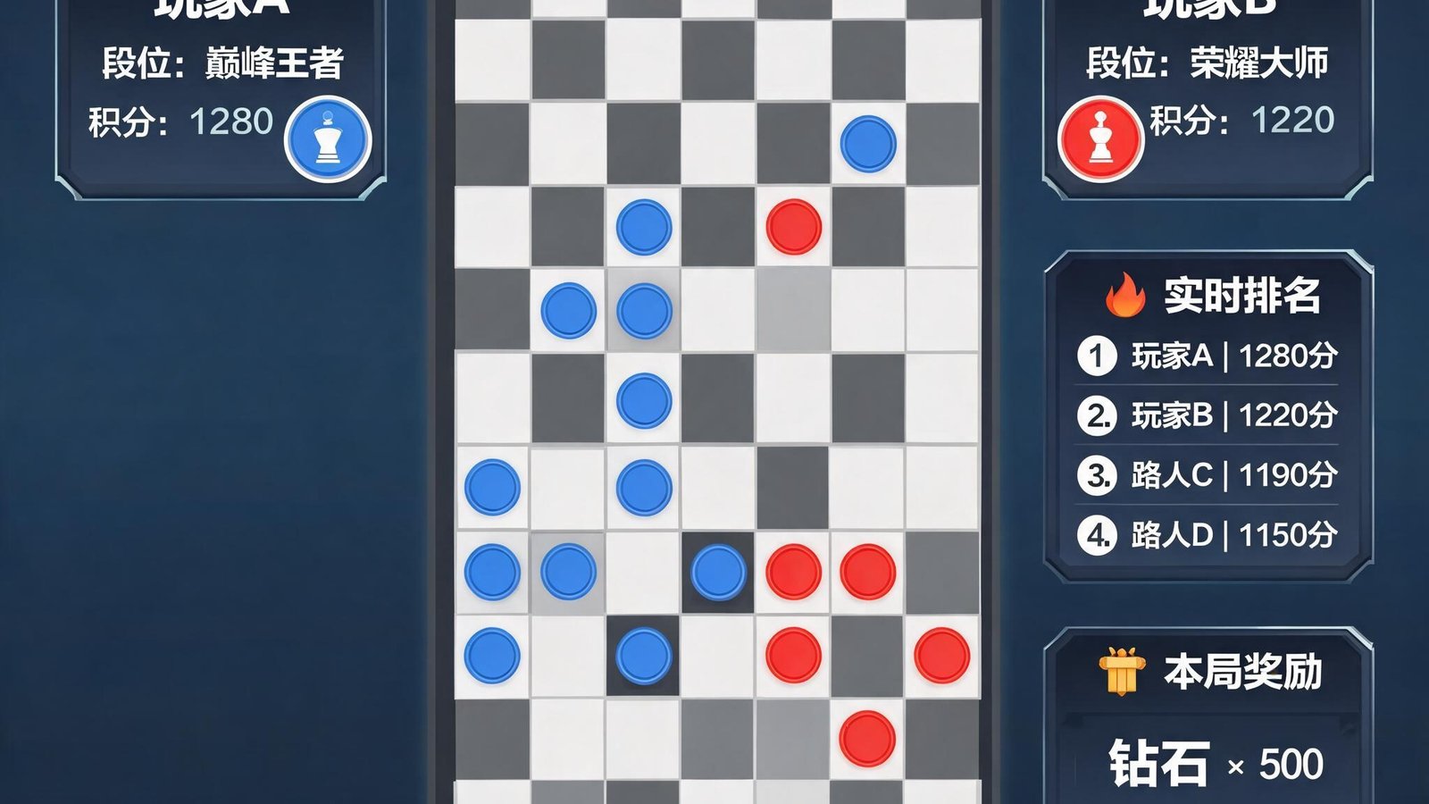 九游会策略竞技游戏：两位玩家在虚拟棋盘上进行智力对决，界面显示实时排名和奖励