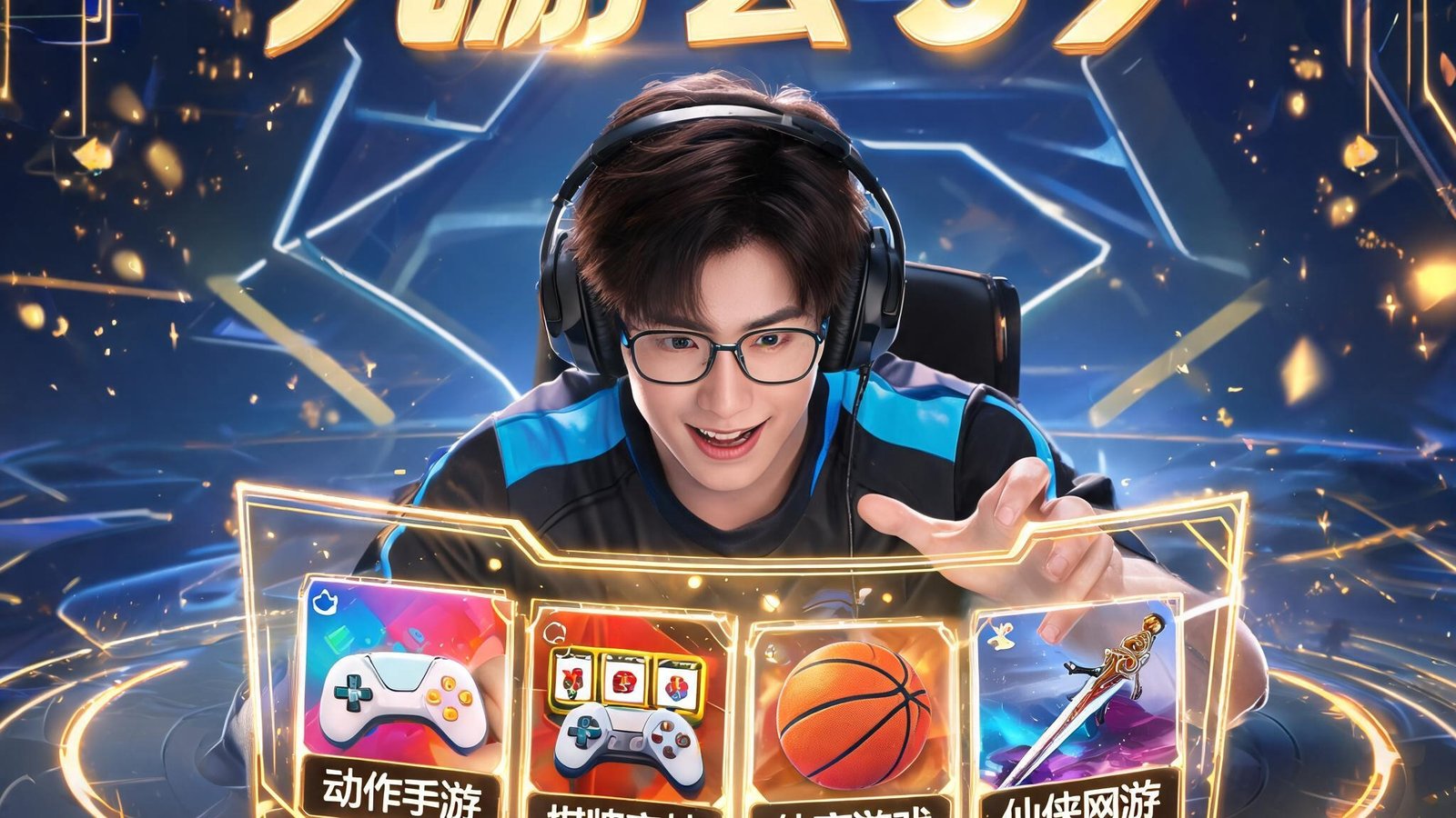 九游会J9平台主视觉：一位玩家在充满科技感和金色光效的界面中畅玩，屏幕上显示丰富多彩的游戏选项